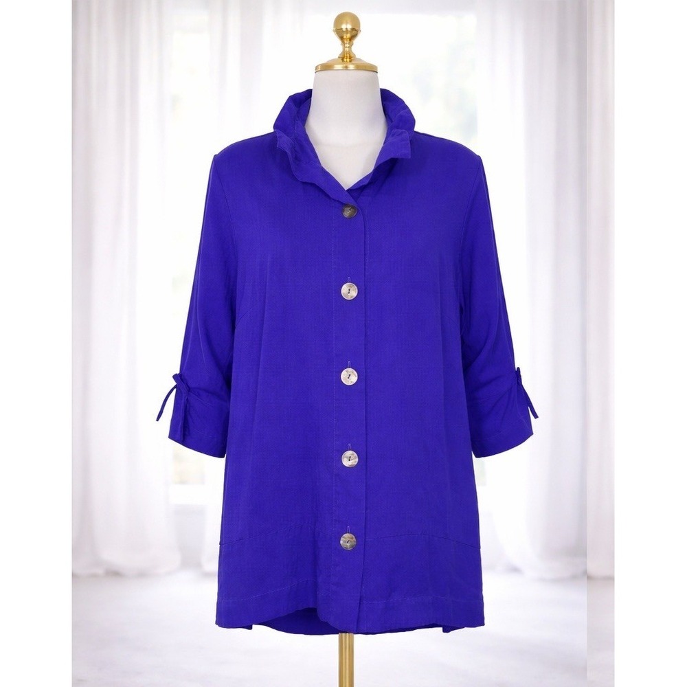 Soft Surroundings Button Up Top Jacket Blue 3/4 Ruched Tie Sleeve Lyocell Size L